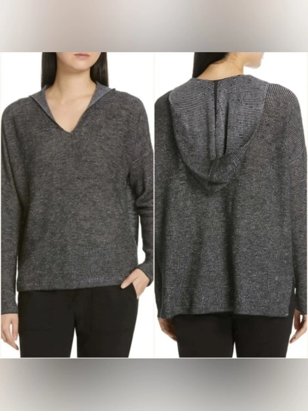 Eileen Fisher Charcoal Organic Linen/Cotton Hooded Boxy Top Sweater Size S